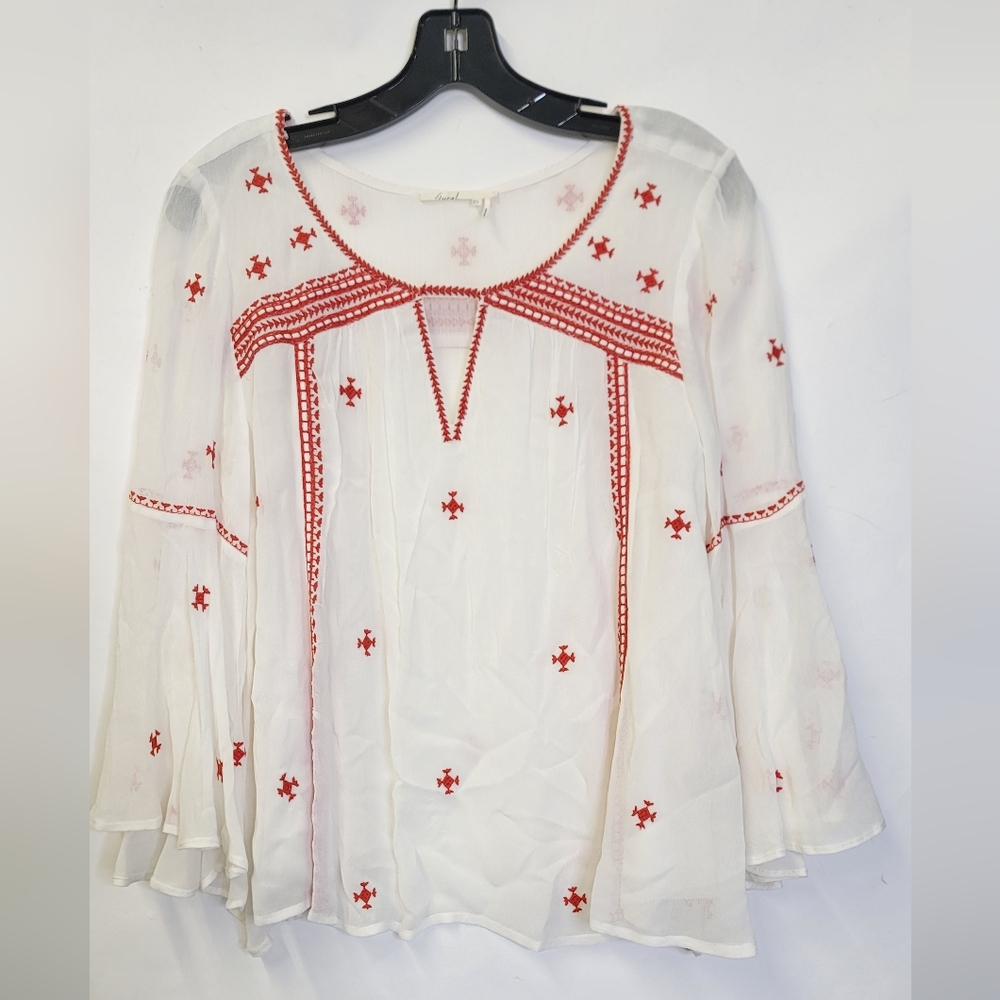 Anthropologie White and Red Embroidered Blouse
